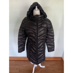 Andrew Marc Hooded Stylish packable Puffer Coat Zip Up Black Duck Down Winter L
